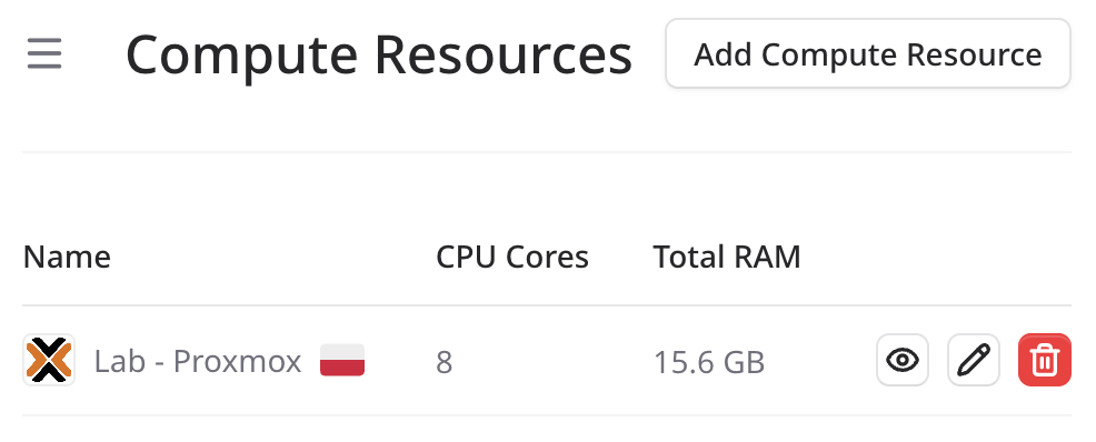Compute Resources screen in a multi-tenant Proxmox/Opennebula portal - CSPkit
